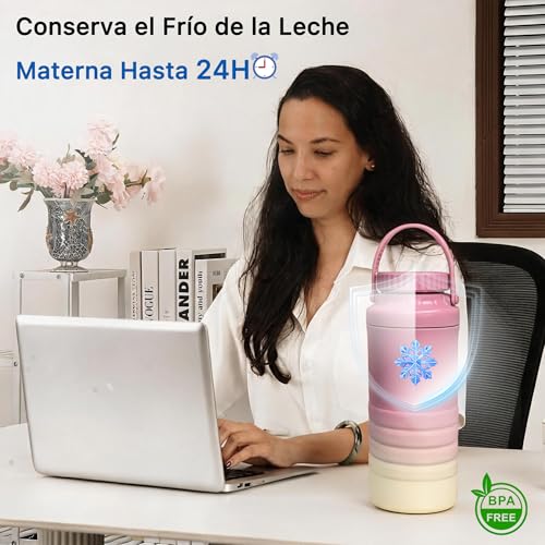 MOOWSKI Enfriador de Leche Materna Portatil 22OZ [Mantiene Fría por Más de 24 Horas] Termo para leche materna con 2 Botellas de 300ml, Sin BPA Botellas para Viajes y Exteriores - Enfriador de Leche Materna de Acero Inoxidable Rosa–Amarillo
