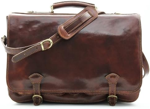 Alberto Bellucci Milano Mens Italian Leather Florence Flapover Double Compartment 17" Laptop Messenger Briefcase - Brown