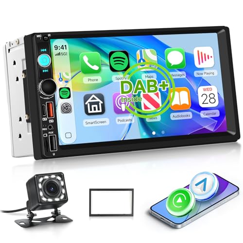 Hodozzy DAB+ 2 din Carplay Wireless Android Auto Car Radio with 7 Inch Screen, Bluetooth Touch Screen Car Radio with Video Output/FM/USB/AUX/TF+Backup Camera