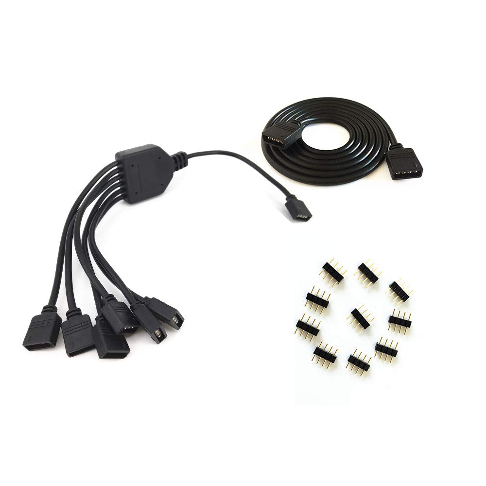 4 Pins Black RGB LED Splitter Cable LED Strip Connector 6 Way Splitter Y Splitter for One to six RGB 5050 3528 LED Light Strips with,1m RGB Wire，10x Male 4 Pin Plugs