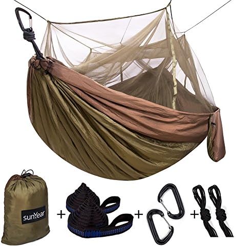 Single & Double Camping Hammock with Mosquito/Bug Net, 10ft Hammock Tree Straps & Carabiners | Easy Assembly | Portable Parachute Nylon Hammock for Camping, Backpacking, Survival, Travel & More