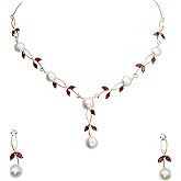 Faship Gorgeous CZ Crystal Genuine Freshwater Pearls Floral Necklace Earrings Set