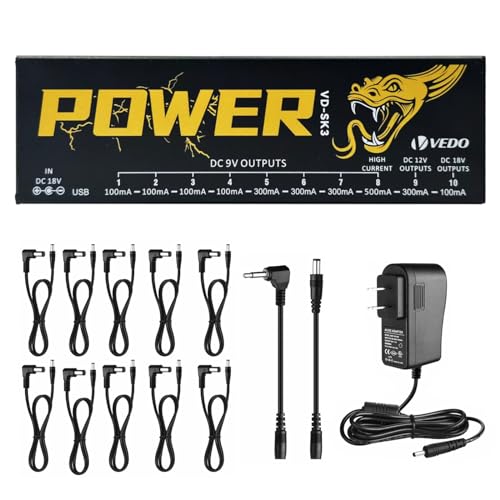 VEDO VD-SK3 Fonte de Alimentação para Pedal de Efeito de Guitarra com 10 Saídas Isoladas (9V, 12V, 18V) Proteção contra Curto-Circuito e Sobrecorrente - Fonte Estável para Pedais de Guitarra 110V-240V