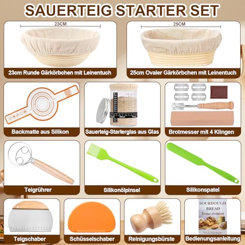 RIZENCE Complete Proofing Basket Sourdough Starter Set, 2 Proofing Baskets (25 cm Ovals & 23 cm Round), 900 ml Sourdough Glass Set, Bread Baking Accessories Kit, Bread Baking Accessories for Beginners, Experienced Bakers