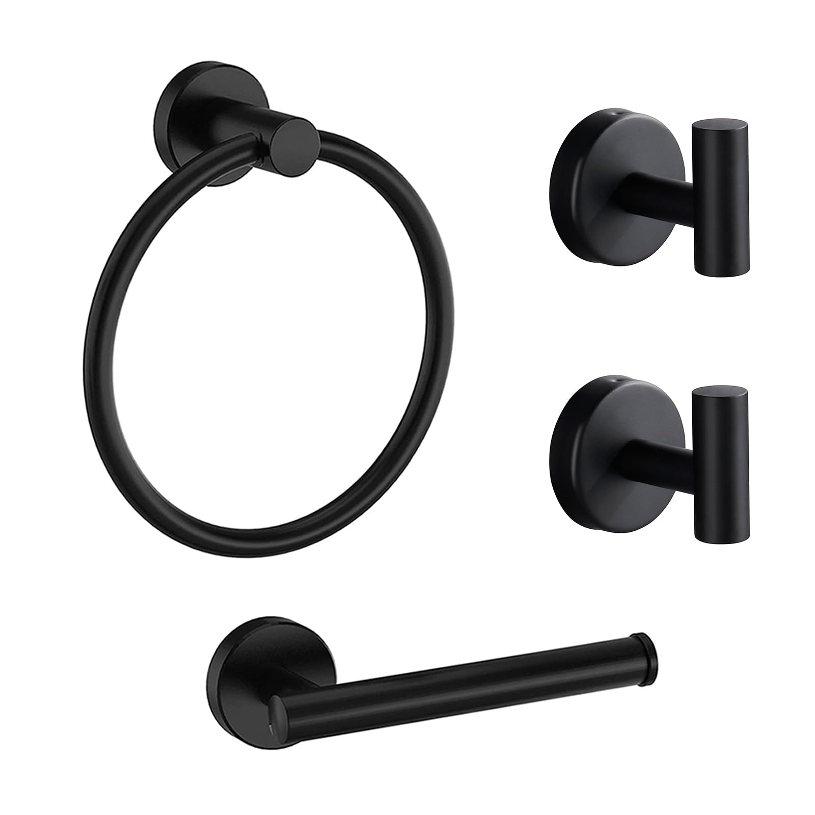 Betadistor Black Bathroom Hardware Set Towel Ring Toilet Roll Holder Coat Hook x 2, Stainless Steel 4-Piece Bathroom Accessories Set, Wall Mounted Matte Black, 012-0405