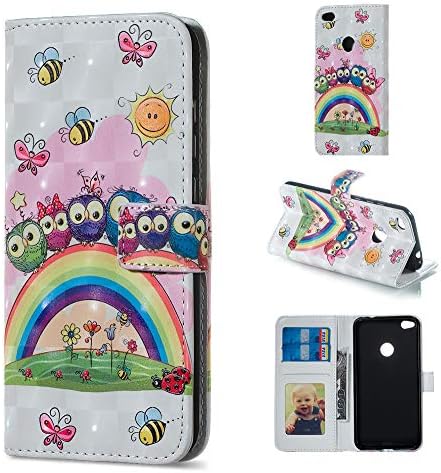 BestCatgift P8 Lite PU Leather Folio Flip Cover [3D Relief Pattern ][Kickstand] For Huawei P8 Lite 2017/P9 Lite 2017/Honor 8 Lite/Nova Lite/GR3 Magnetic Wallet Case - Rainbow Owl