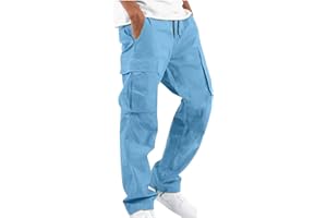 MUSCULARFIT Linen Pants for Men Outdoor Fashion Multi Pockets Cotton Cargo Pants Classic Elastic Waist Solid Tactical Trouser