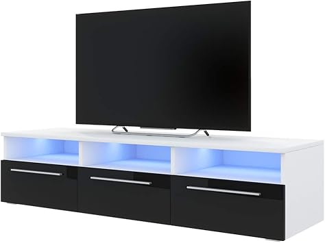 Selsey Lavello Meuble Tv Banc Tv 140 Cm Blanc Mat Noir Brillant Avec Eclairage Led Amazon Fr High Tech