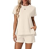 Lepunuo 2 Piece Short Sets for Women Summer Outfits Short Sleeve Tops Elastic Waist Shorts Lounge Set Vacation Travel Outfits