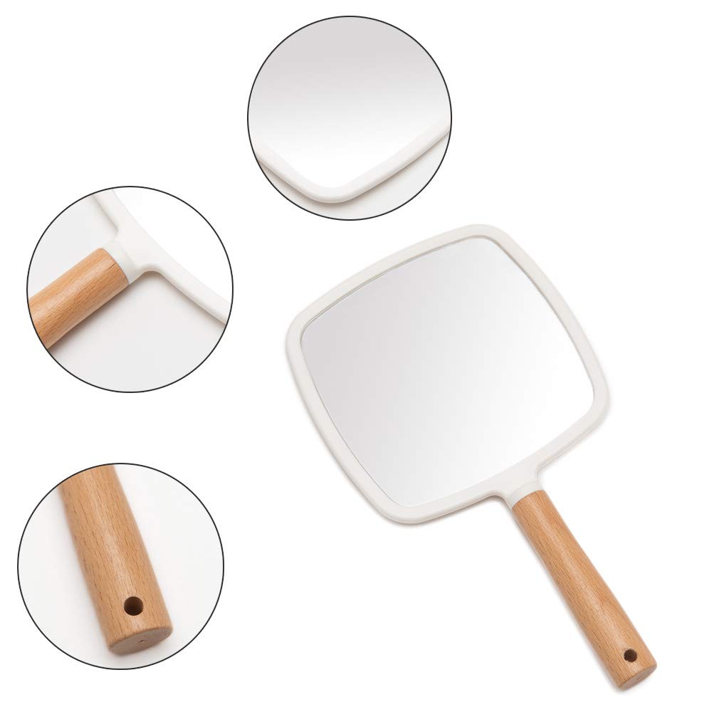 YEAKE Hand Held Mirror with Handle for Makeup,Small Cute Wood Hand Mirror for Shaving with Hole Hanging Single-Sided Portable Travel Vanity Mirror for Men&Women(Square)