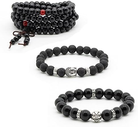 Celeisure Lava Rock Mala Bead Wood Obsidian Buddha Head Bracelet Set 3PCS 8/10mm 7.2-26 Inches