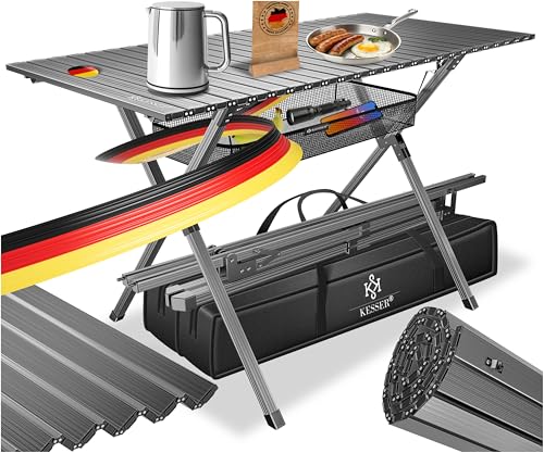 KESSER® Campingtisch faltbar Klapptisch mit Aluminiumrahmen Aufrollbare Tischplatte Falttisch klappbar 145x70x70cm bis 100kg inkl. Tragetasche mit Tra