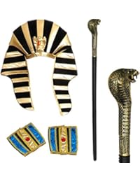 Tigerdoe Egyptian Costume - 3 Pc Set - Pharaoh Hat, Cuffs, Cobra King Cane - Pharaoh Costume