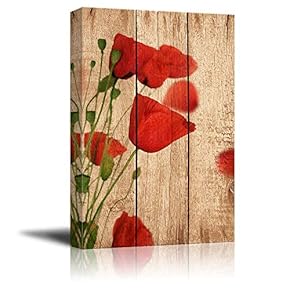 Canvas Prints Wall Art - Poppy Flowers on Vintage Wood Background - 12" x 18"
