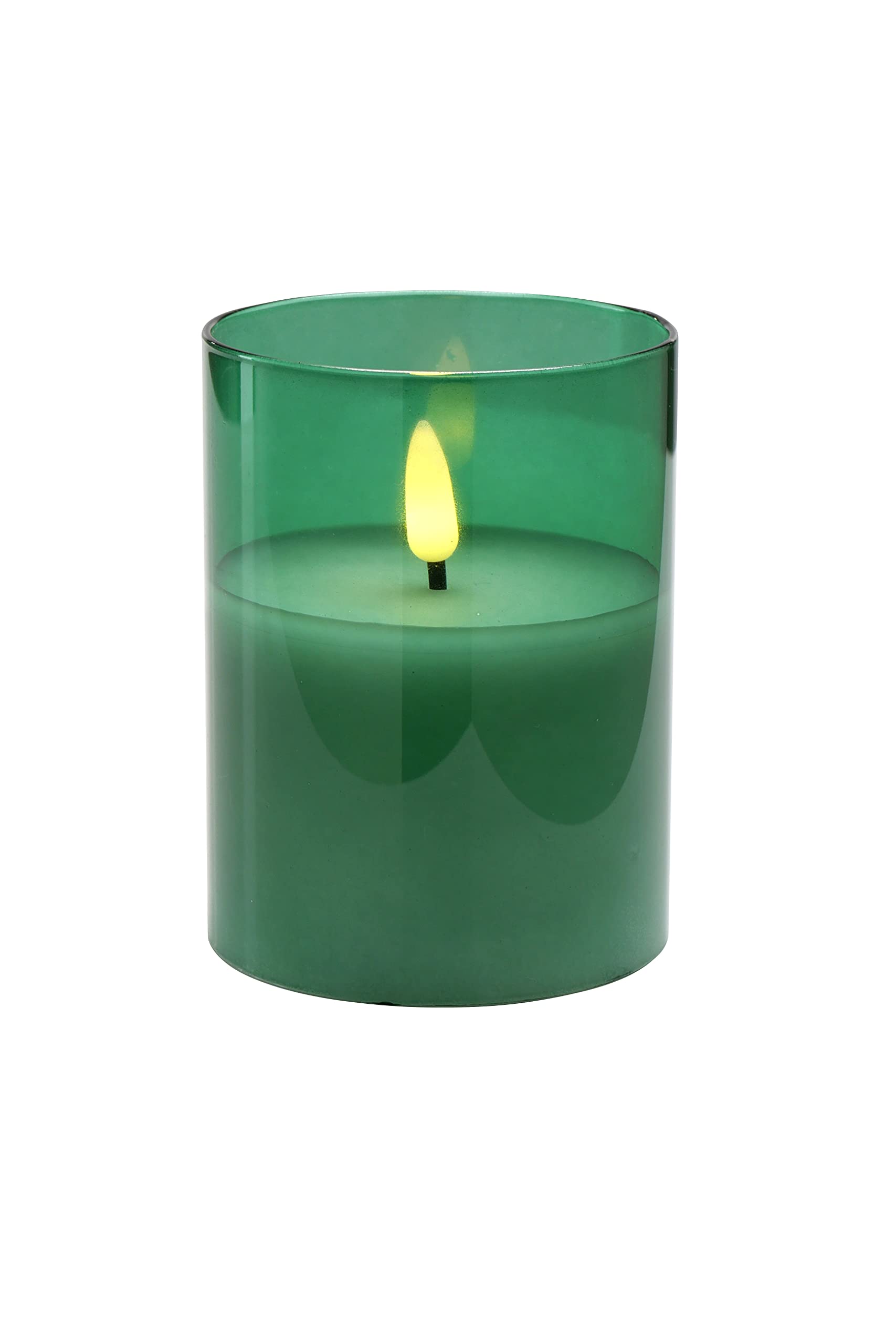 Klocke Dekorationsbedarf Elegant LED Candle in Glass – Timer – Realistic Flickering (Green, Height: 10 cm, Diameter 7.5 cm)