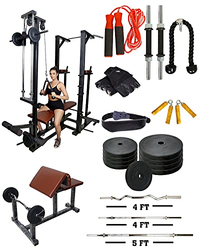 FIT Kart ABS Tower latpull Down Iron Bench Equipment - 80 kg Rubber Weight with Preacher Bench for Home Gym