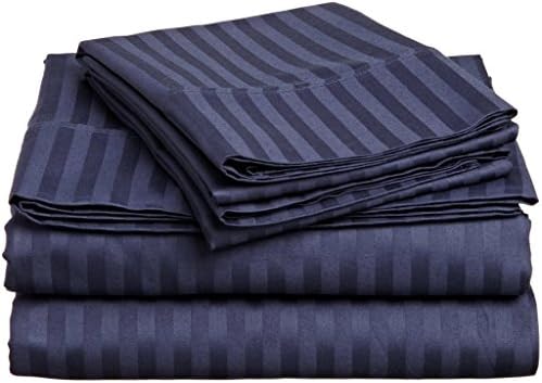 Mattress Homes 400-Thread-Count Egyptian Cotton (15" Extra Depth Pocket) 4-Pieces Sheet Set-(Navy Blue Striped,Queen)