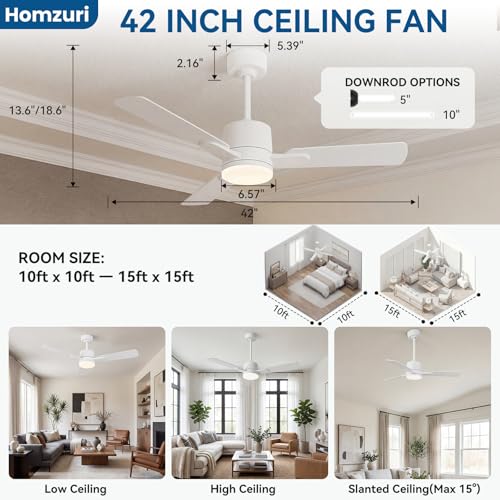 42" Ceiling Fan with Light and Remote, 6 Speed, Reversible Quiet DC Motor, 3CCT & Dimmable, Fast Install, Dual Finish 3 Blades Downrod Ceiling Fan with Lights for Bedroom, Living Room, Apartment