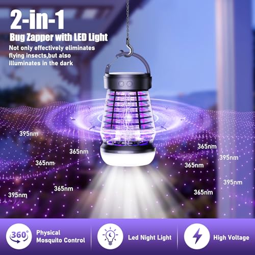 Geephiee Bug Zapper Outdoor Indoor with LED Light, Rechargeable Mosquito Zapper with 2000mAh Battery, 2000V Electric Fly Zapper for Home Patio Backyard Garden (Matte Black)