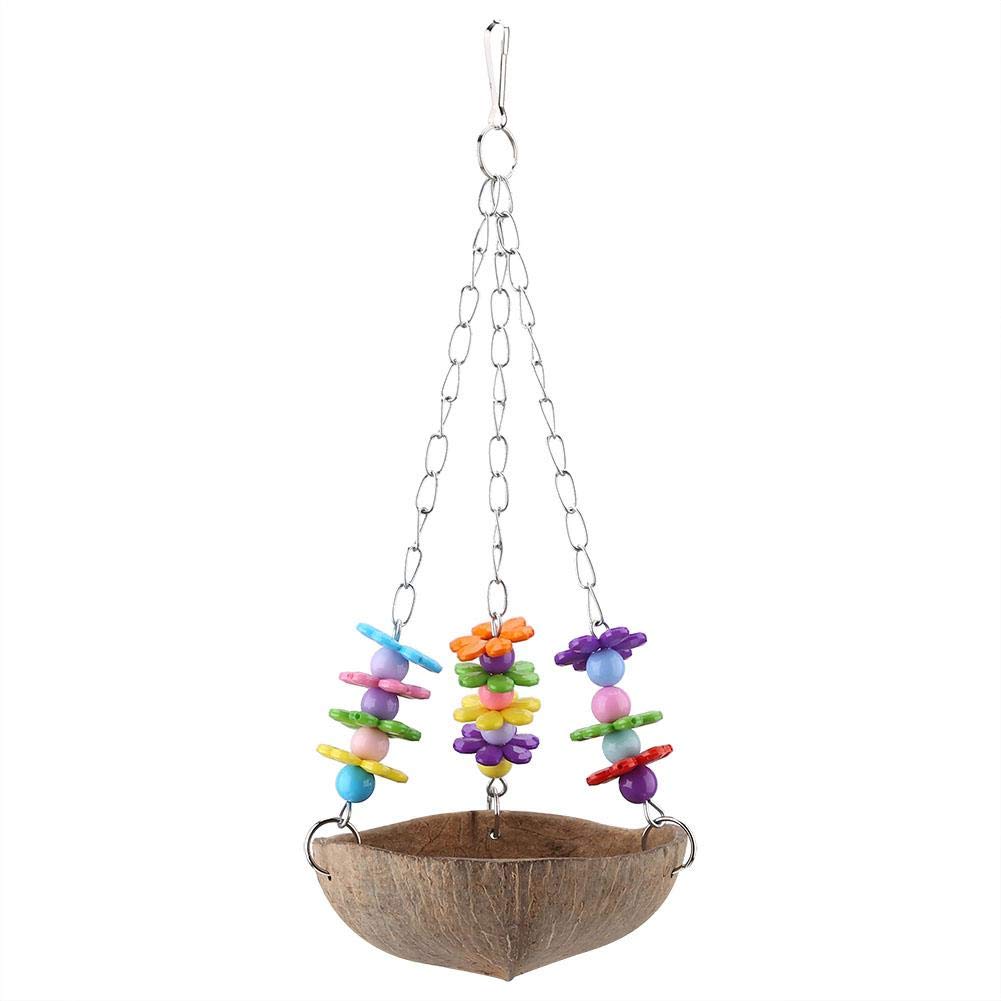 Natural Coconut Shell Nest Swing, Colorful Plastic Beads and Flowers Chewing Toy for Bird Cage Hanging Accessories, Durable Pet Bird Toy for Parrots and Small Animals, Cage Decor