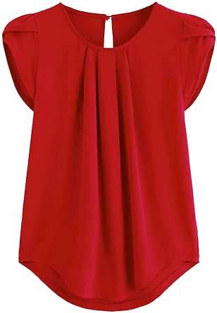 Milumia Women's Casual Round Neck Basic Pleated Top Cap Sleeve Curved Keyhole Back Blouse