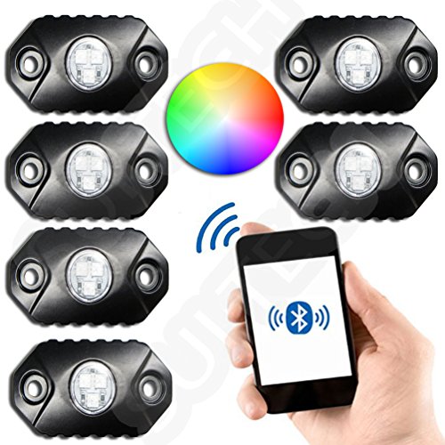 RGB LED Rock Light with Bluetooth RGB Controller - Neon Lights Replacement Multicolor Super Bright CREE PODs - Under Vehicle Cars Interior and Exterior - Waterproof Shockproof (MULTICOLOR)