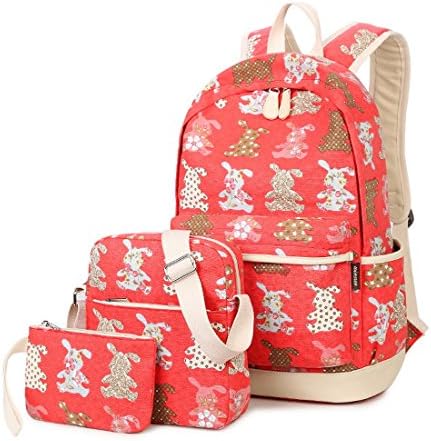 Kofuti Canvas Backpack Set 3 Pieces Cute Print School Backpack for Boy and Girl Red