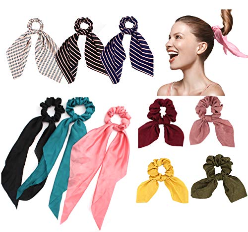 Silk Scrunchies for Hair, Ribbon Bow Scrunchies for Women Girls, 10 Pcs Hair Scrunchies With Scarf