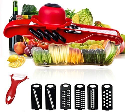 Mandoline Slicer Vegetable Slicer 6 Interchangeable Blades Vegetable Cutter Julienne Slicer Grater Hand Protector Storage Container with Peeler - Red