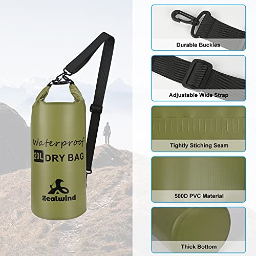 Zealwind Waterproof Dry Bag Backpack Floating Dry Sack with Phone Case, 10L/20L/30L/40L Water Proof Bag Packs, Roll Top Drybag for Kayaking, Paddleboarding, Rafting, Swimming, Boating (Army Green, 10L