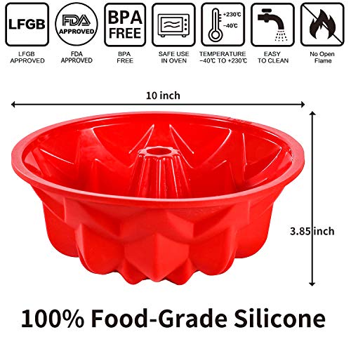 Aokinle Silicone Cake Pan, European Grade Fluted Round Cake Molds, Non-Stick Jello Molds for Baking, Flexible Tube Pan, Ring Mold Cake pan 10inches, Red