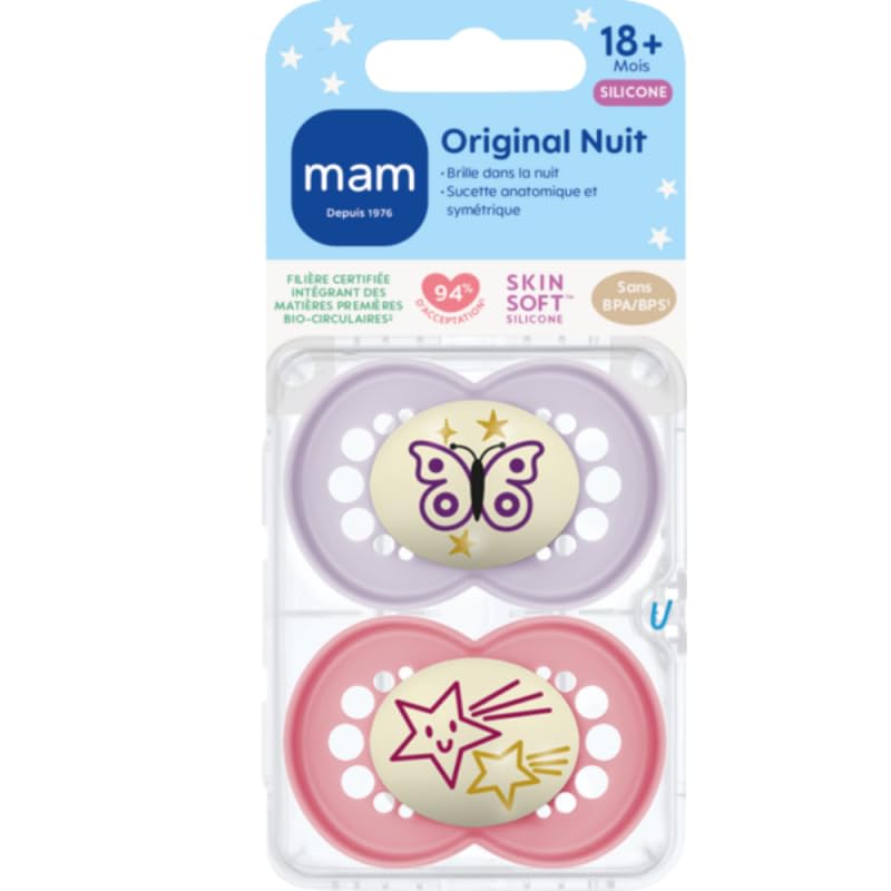 MAM | Original Night Dummy 18+ months (2 pieces) Random Colour – Symmetrical and Anatomical Silicone Dummy – Glow in the Dark Baby Pacifier with Carry and Sterilisation Box