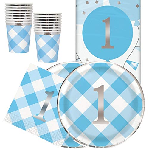 Blue Gingham 1st Birthday Party Tableware Pack for 16