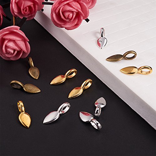 PandaHall Elite 100 Pcs Tibetan Style Alloy Glue on Flat Pad Bails Leaf Shape Pendants Charms Connector Hanger 21x8x6mm for Jewelry Making 3 Colors - Thumbnail 4
