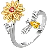 VIFE S925 Sterling Silver Fidget Rings for Anxiety for Women Adjustable Open Ring 3A Cubic Zirconia Bee/Sunflower You are My Sunshine Ring Spinner Gift for Valentine's Day
