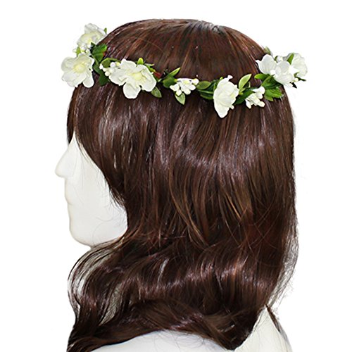 Flower Headband Garland Crown Festival Wedding Hair Wreath BOHO Floral Headband (White-01)