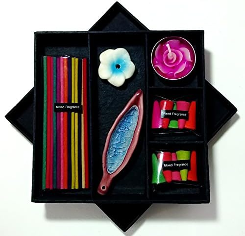 Premium Aroma Set, mix difference scent of 14 smokeless fragrance incense tubes, 10 incense cones, tealight flower candle &amp; 2 ceramic incense burner with handcrafted mulberry paper gift box (FL39)