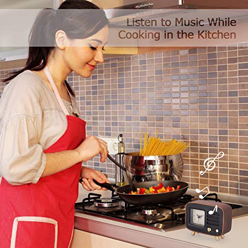 Retro Alarm Clocks & Bluetooth Speaker, Roman Numbers Silent Wooden Analog Desktop Clock w/ Rechargeable Stereo HD Sound Wireless mp3 Player for Bedroom Nightstand, Kitchen, Living Dining Office Table