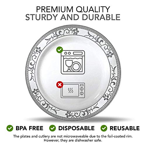 125 Piece Plastic Dinner Set Silver Floral Plastic Dinner Plates, Salad Plates, and Cutlery