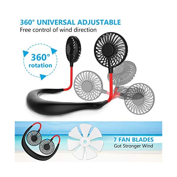 Portable Neck Fan, Handsfree Mini USB Neck Fan Rechargeable Wearable Neckband Fan, Desk Fan, Necklace Fan with Dual Wind…