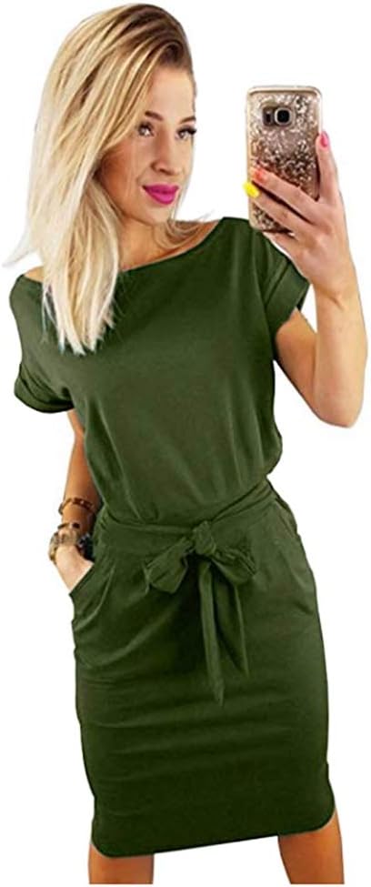 Women's Elegant Comfortable Casual Short Sleeve Pencil Dress with Belt Pockets for Work/Lounge Wear