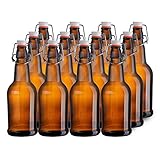 California Home Goods 16 Ounce Grolsch Bottles with EZ Caps for Beer, Fermenting Kombucha, Home Brewing, Kefir, Resealable and Reusable, Flip Top Caps, Amber (Set of 12)