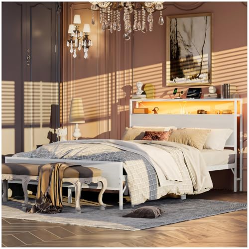 Simple Wisdom Cama Matrimonial 1.4 M con Base y Cabecero de Almacenamiento, 2 Salidas de Carga y 2 Puertos USB y Luces LED (Blanco)