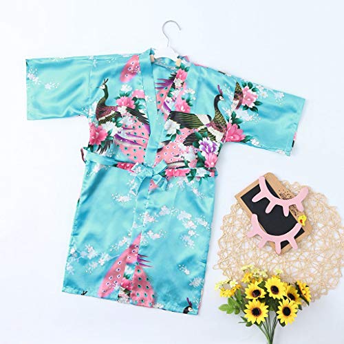 Girls Satin Bathrobe Size 4-12,SMALLE◕‿◕ Girls Ancient Art Print Silk Satin Long Bathrobe Kimono(9 Color) Sky Blue