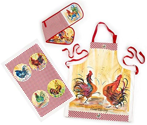 Cucina Chef Matching 3-Piece Apron, Kitchen Towel and Oven Mitt Set from The Claire Weeks Collection, Barnyard Themed Whimsical Chickens,Three-Piece Set Pot Holder, Tea Towel and Chef’s Apron