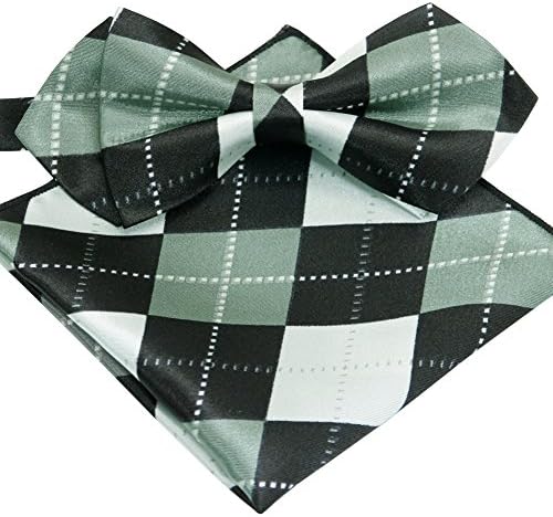 ST34 Brand new Silk feel SATIN Argyle Check Adjustable Bow tie for Men Pocket square SET-Various Colors (BB-1301 Black and Gray)