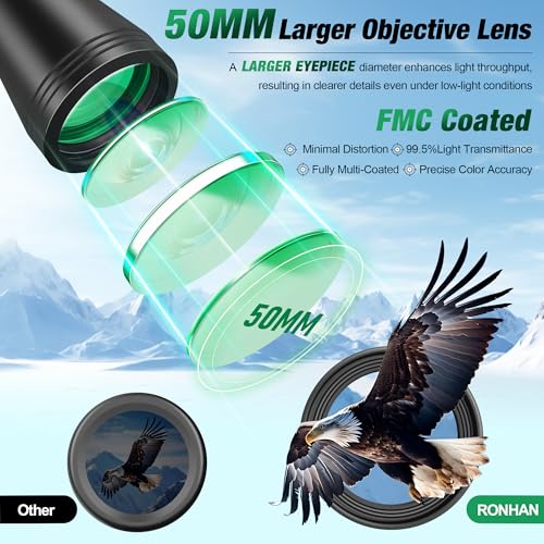 RONHAN 20x50 High Powered Binoculars for Adults, Military Compact HD Professional/Daily Waterproof Binoculars Telescope for Bird Watching Travel Hunting Football Games with Carrying Case&Strap（Black）