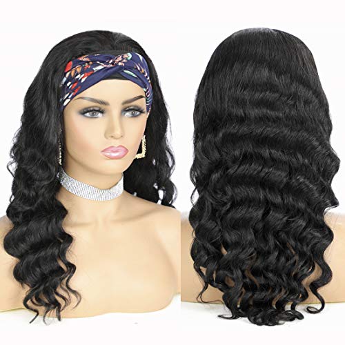 A-ALIMICE-Loose-Deep-Wave-Headband-Wigs-for-Black-Women-Headband-Human-Hair-Wigs-14-Inch-Brazilian-Virgin-Hair-None-Lace-Front-Wigs-Headband-Half-Wig-Machine-Made-150-Density-Natural-Black-Color