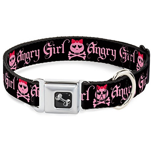 Buckle-Down Angry Girl Black/Pink Dog Collar Bone, Large/15-26"
