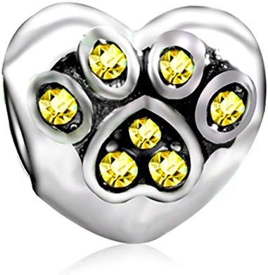 I Love My Pet Heart Dog Paw Print Charms with Clear Stone Silver Bead Fits Pandora Charms Bracelet (Yellow)
